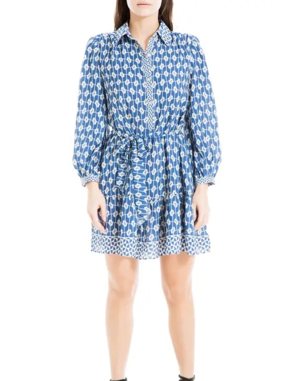 Max Studio Blue Printed Tie-Waist Mini Dress